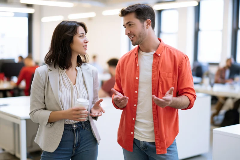 Woman and man talking and gesturing in an open-plan office with desks and windows in the background