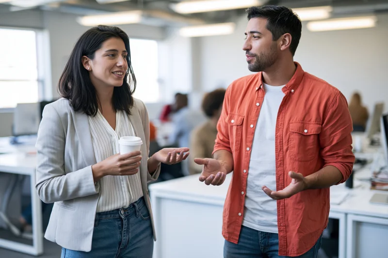 Woman and man talking and gesturing in an open office space holding coffee cups