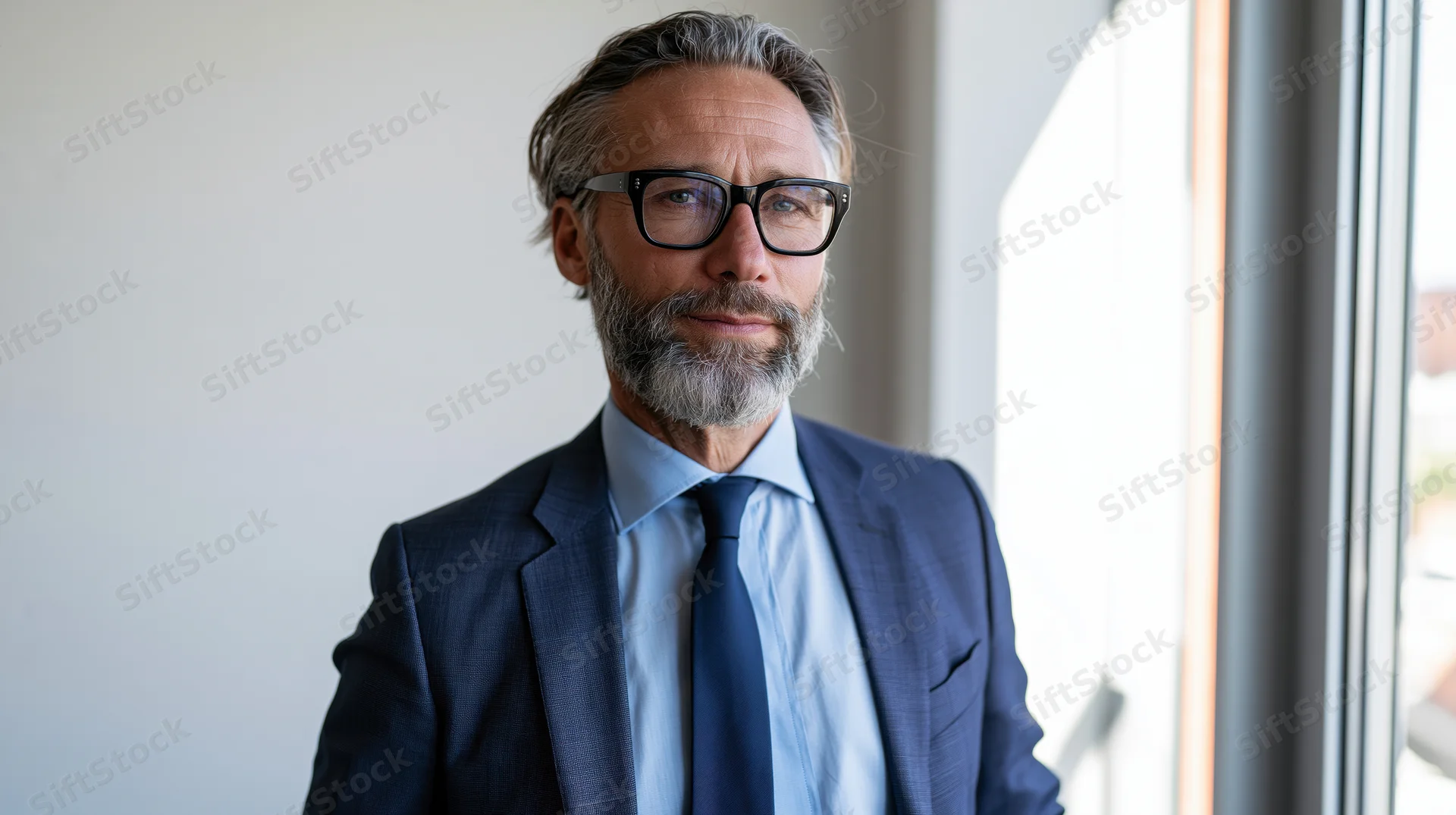 Middle-aged man in suit and glasses standing by office window, looking at camera with calm expression