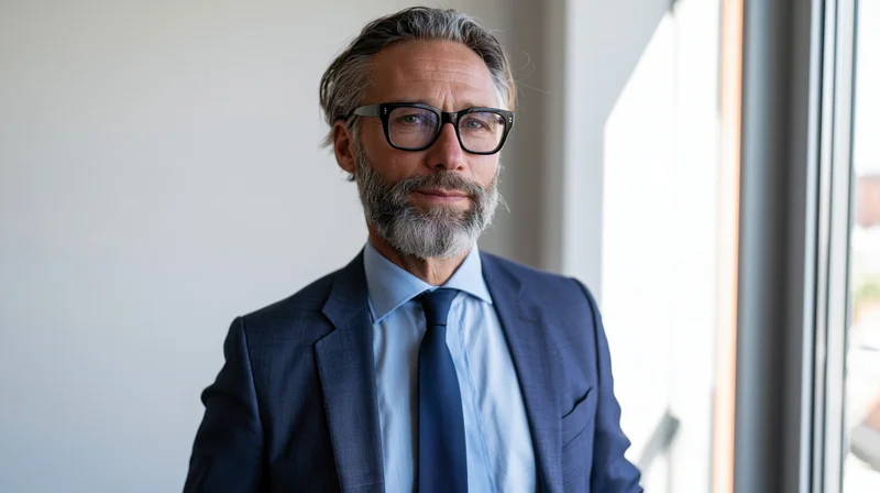 Middle-aged man in suit and glasses standing by office window, looking at camera with calm expression