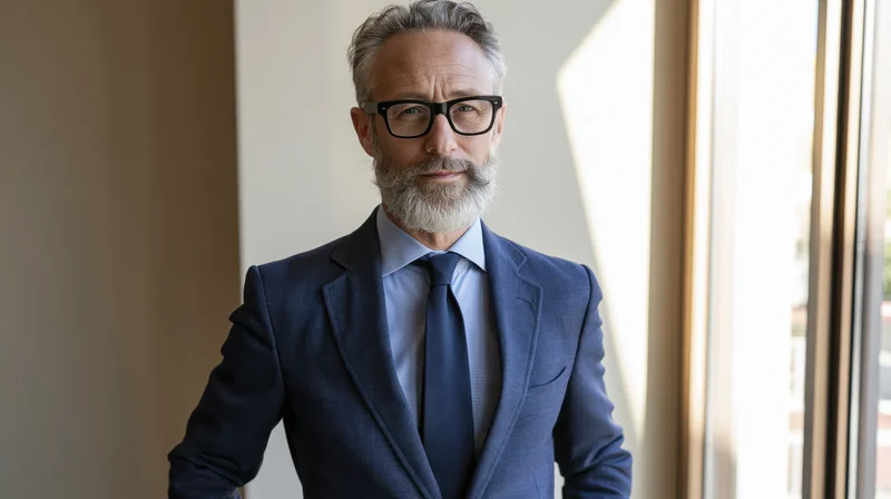 Middle-aged man in suit and glasses standing by window in office