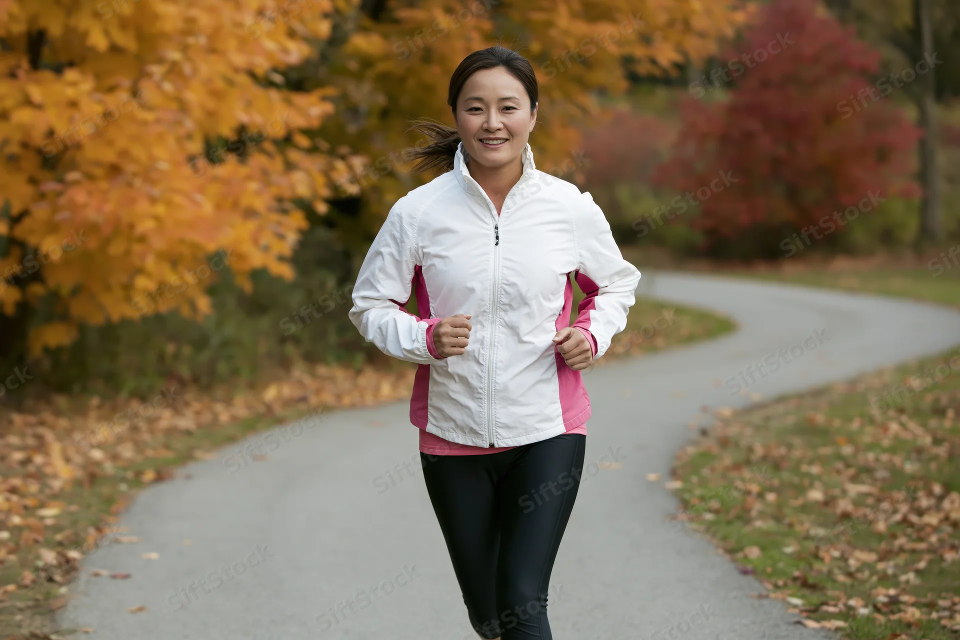 Asian woman running on a paved path in an autumn park with colorful foliage
