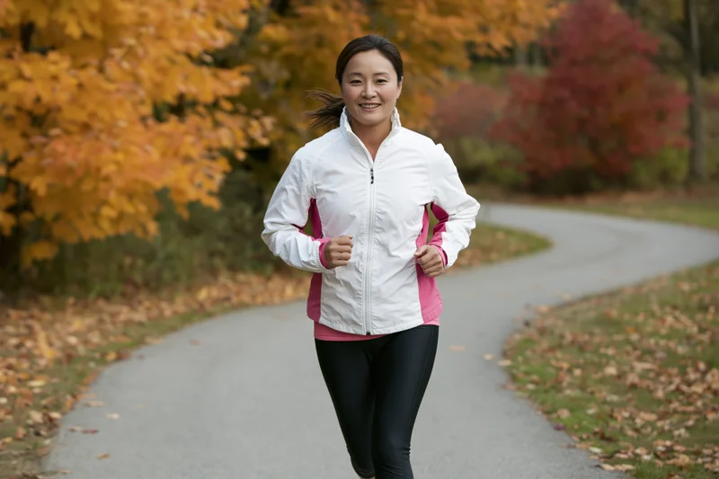 Asian woman running on a paved path in an autumn park with colorful foliage
