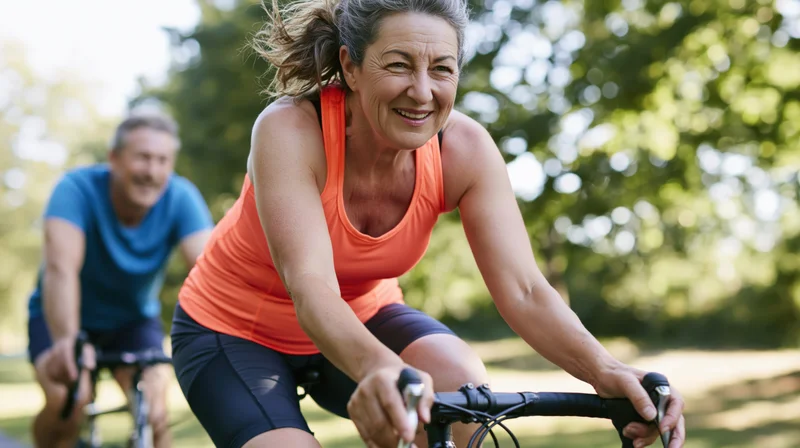 Smiling senior woman cycling in a sunlit park with a man riding behind on a bike path