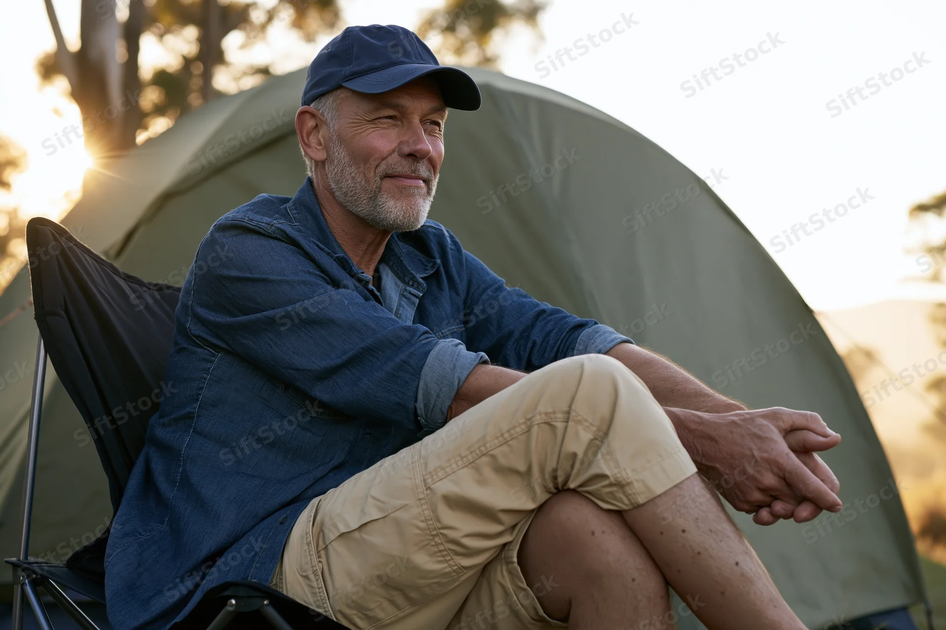Senior man sitting in folding chair smiling at sunset beside tent in forest