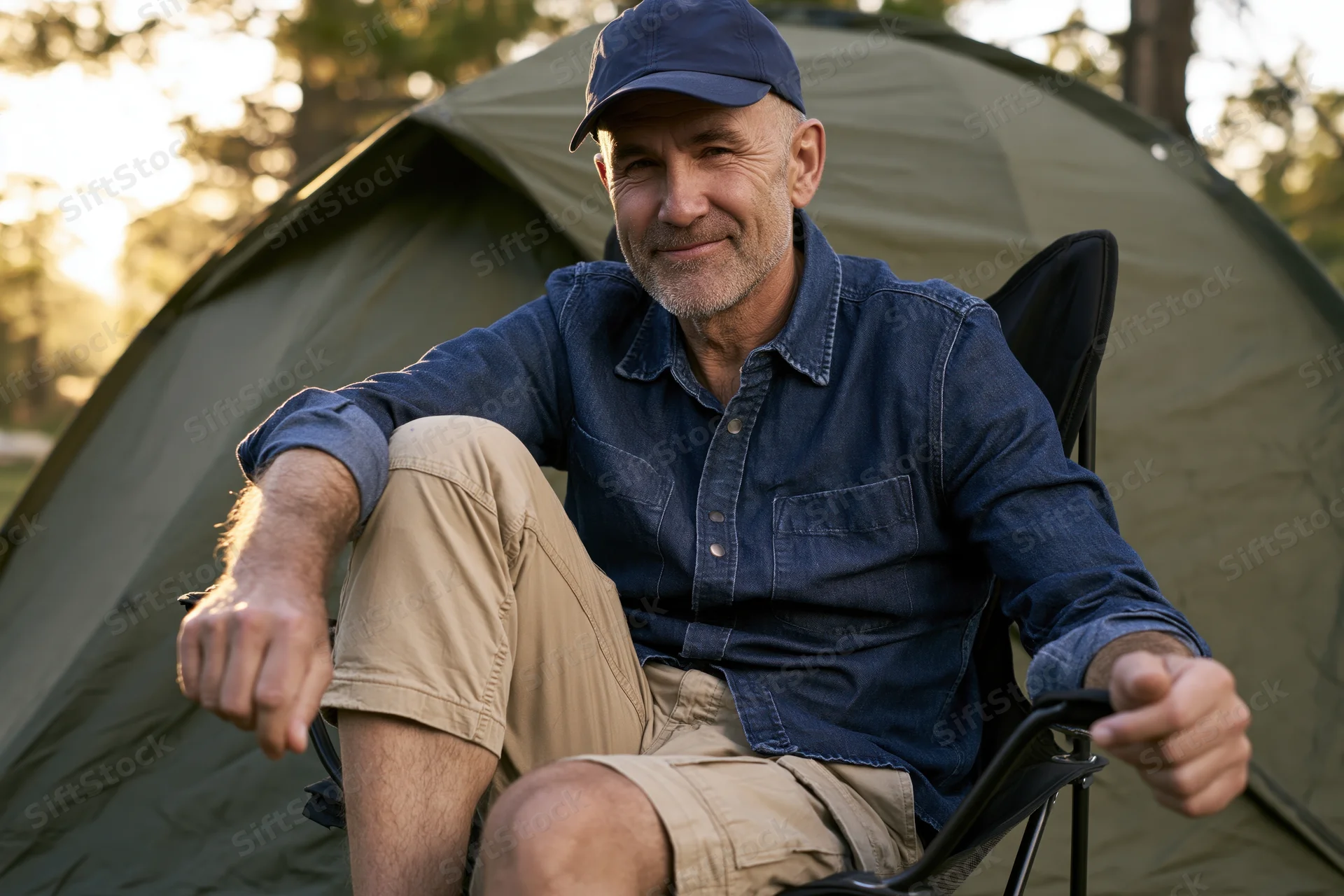 Senior man smiling while sitting in folding chair in front of tent in forest at golden hour