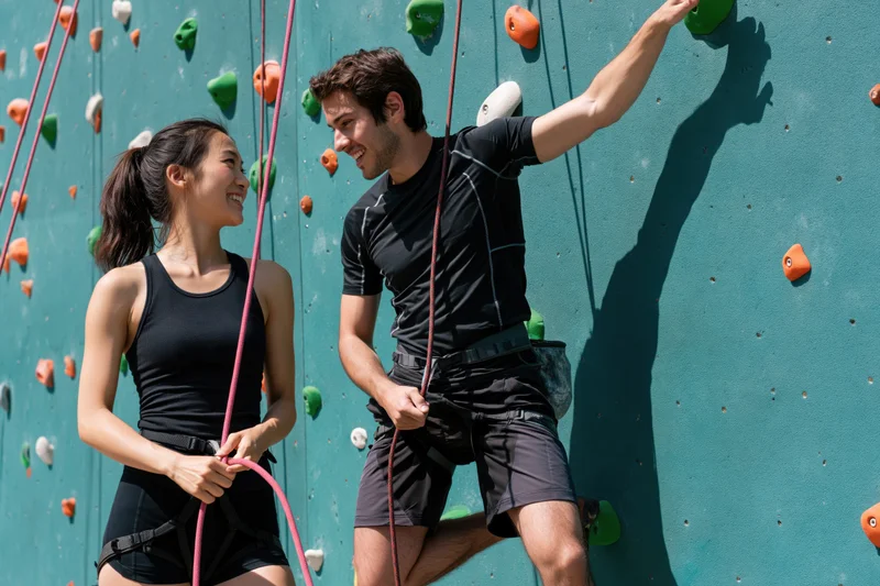 Man and woman belaying each other on an indoor climbing wall