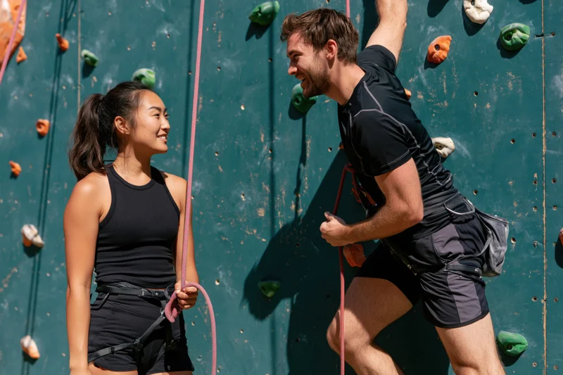 Man climbing on rock wall while woman belays him with rope, both smiling outdoors