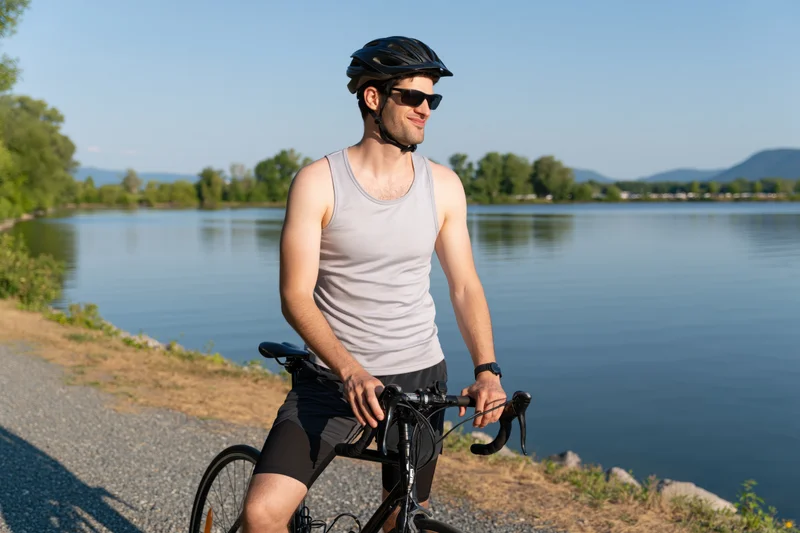 Man riding a bicycle on a gravel path beside a lake