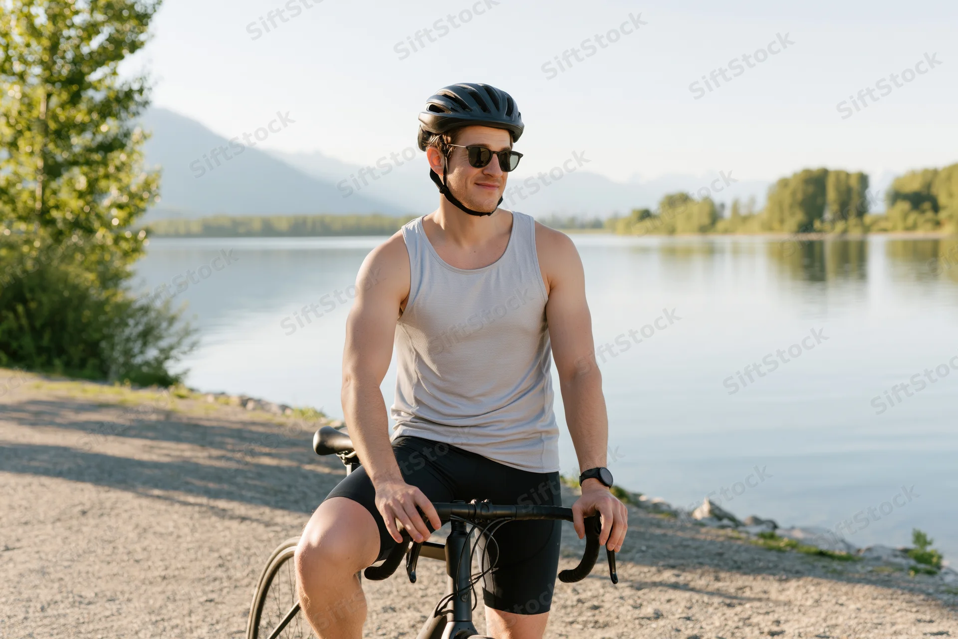 Man in helmet and sunglasses sitting on bicycle by lake with mountains in background