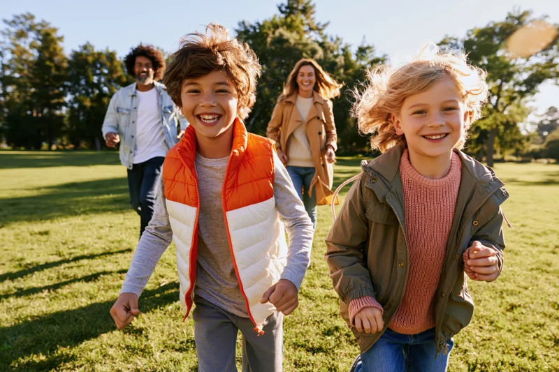 Two children running toward camera in a sunlit park with parents following behind