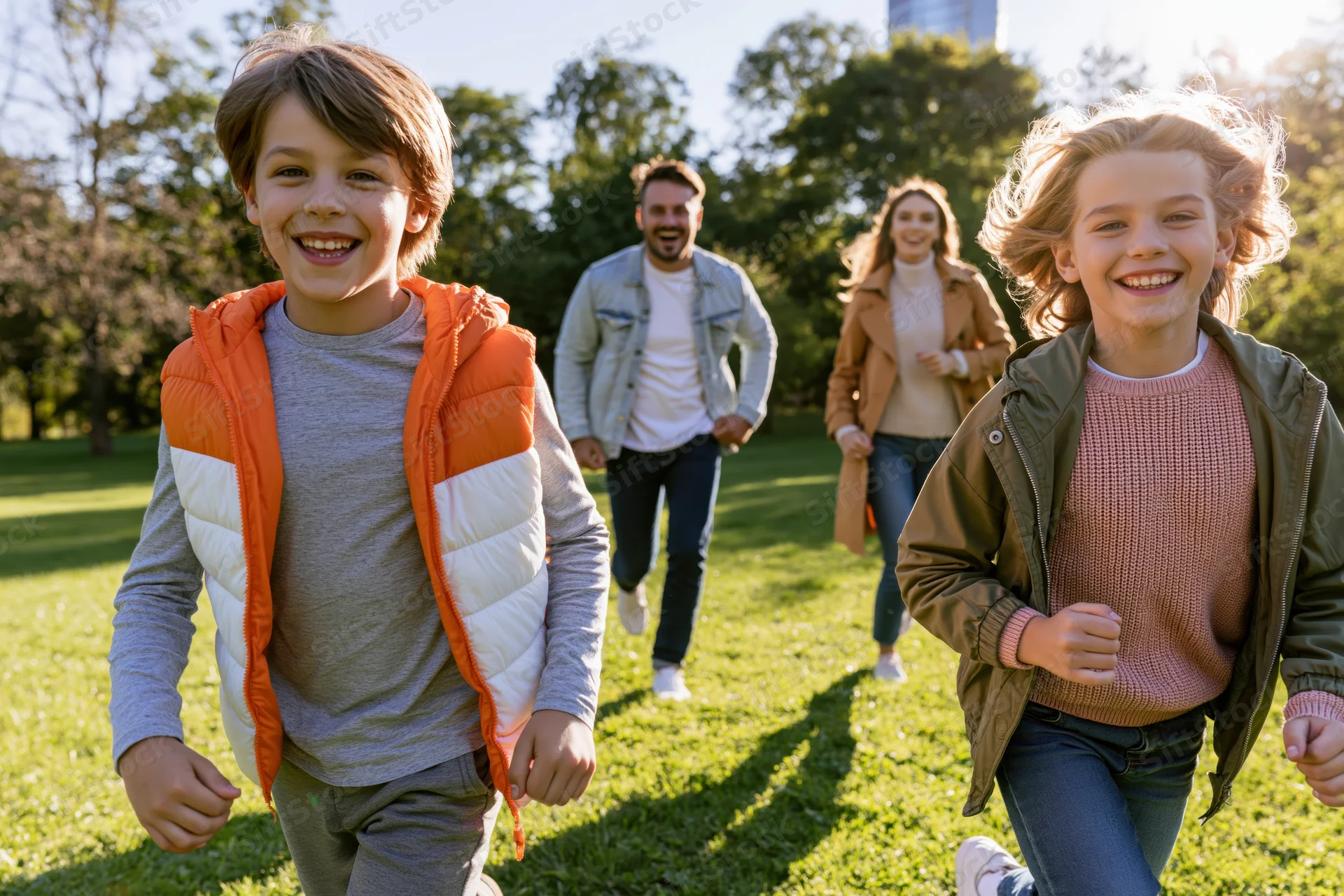 Two children running toward camera in a sunlit park with parents following behind