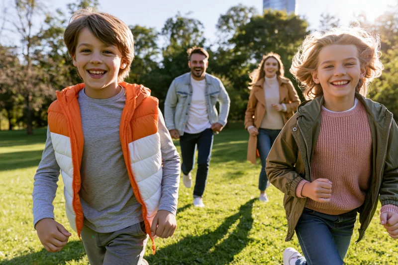 Two children running toward camera in a sunlit park with parents following behind