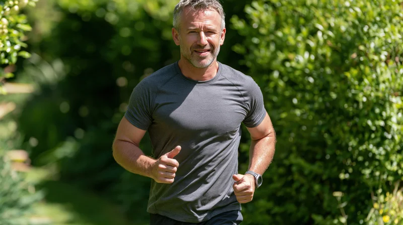 Man jogging on a garden path surrounded by green foliage
