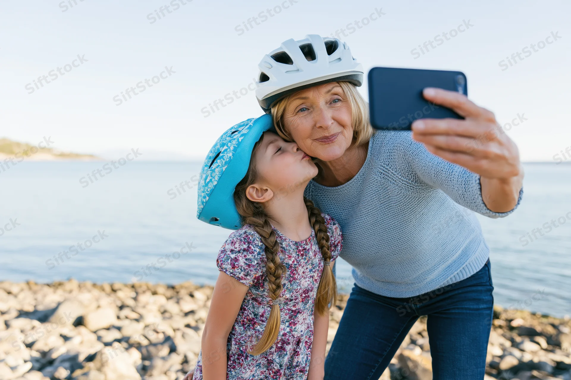 Grandmother and granddaughter taking a selfie by the water, both wearing helmets, the girl kissing her cheek