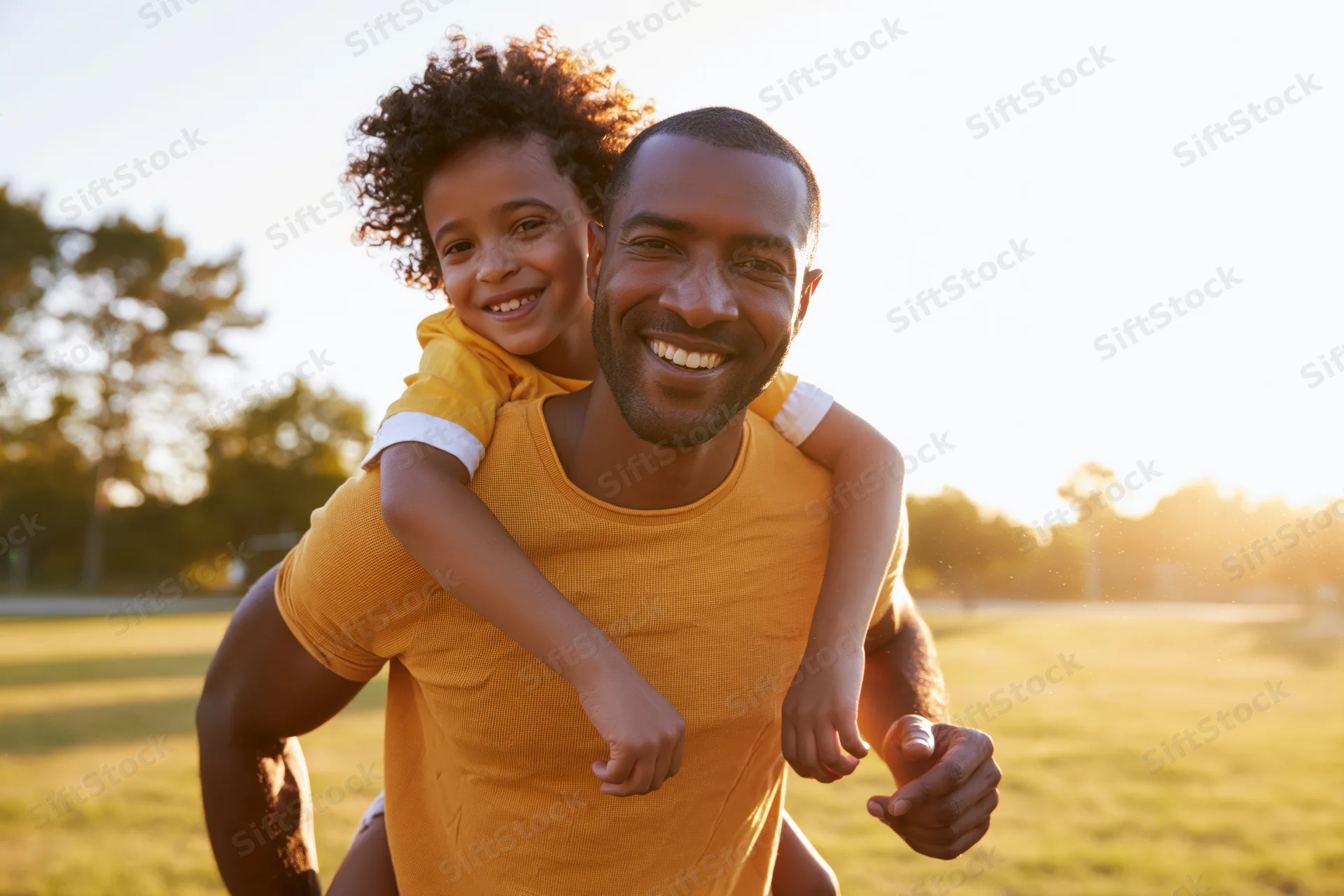 Man carrying child on his back in a sunlit park