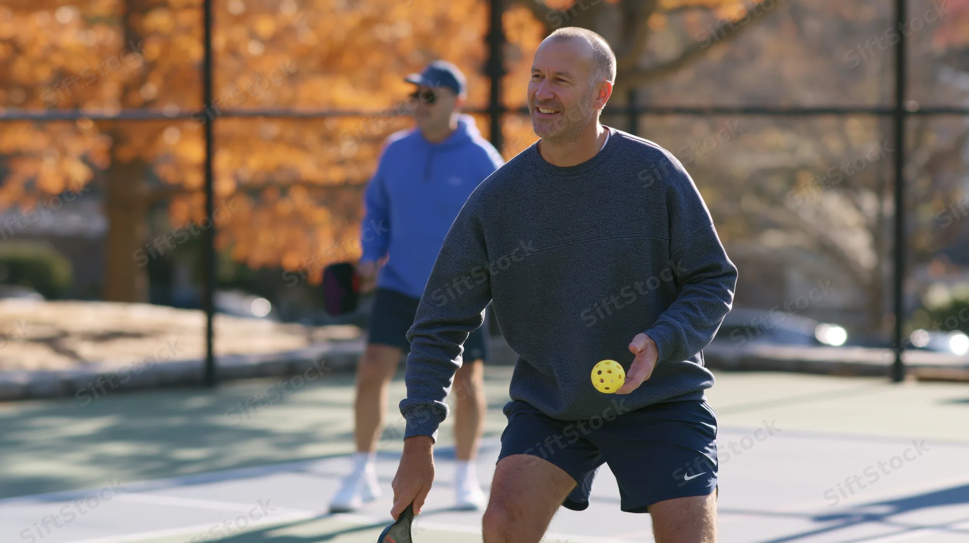 Man playing pickleball on outdoor court in autumn park