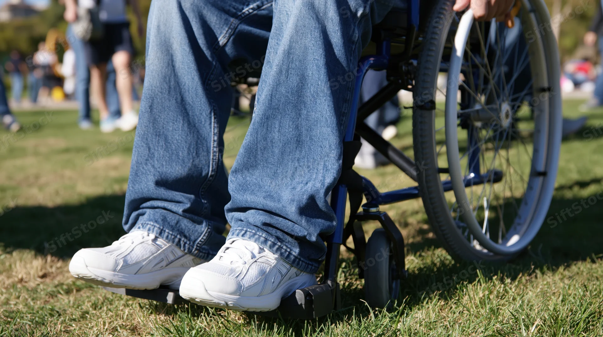 Person in wheelchair on grass in park, legs in jeans and sneakers, close-up view from ground level