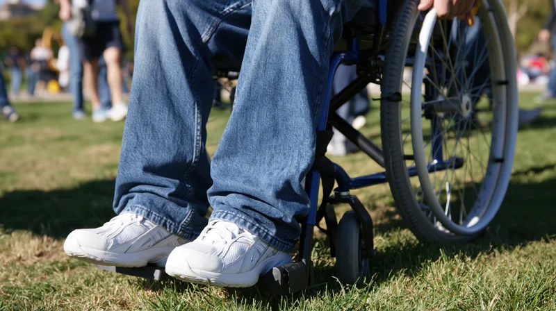 Person in wheelchair on grass in park, legs in jeans and sneakers, close-up view from ground level
