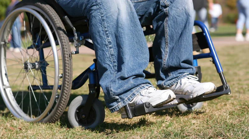 Person in wheelchair with legs in jeans and sneakers resting on footrest in grassy park area