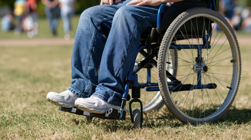 Person in wheelchair on grass in park, close-up view of legs and wheels