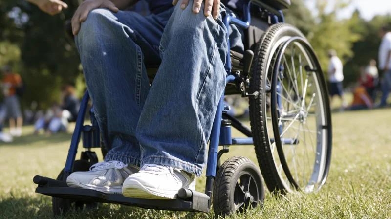 Person in wheelchair on grass in park, lower body visible, hands resting on knees, surrounded by blurred people in background