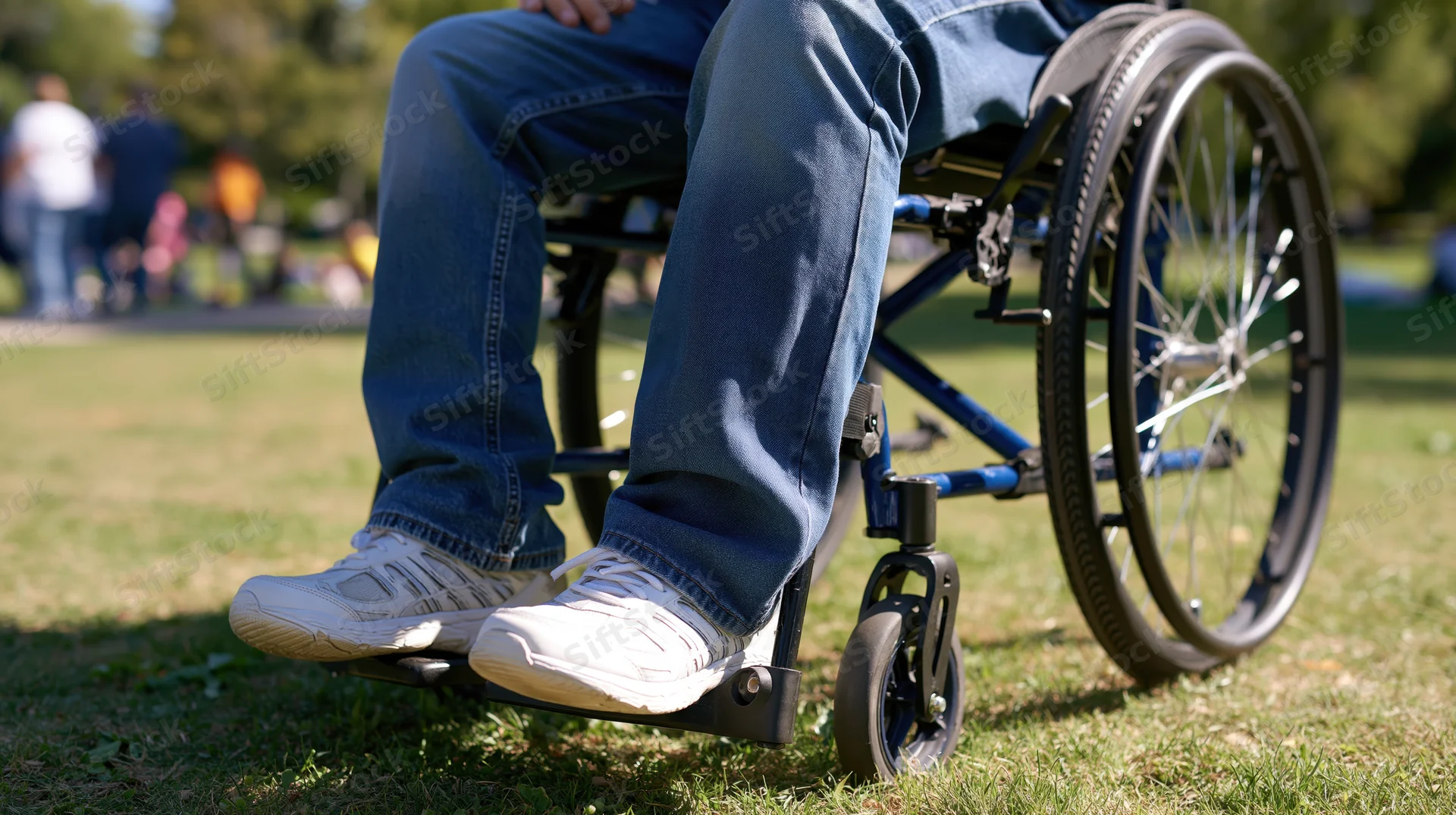 Person in wheelchair on grass in park, legs in jeans and sneakers, close-up view