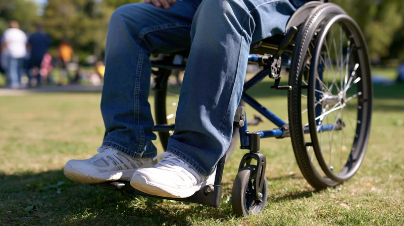 Person in wheelchair on grass in park, legs in jeans and sneakers, close-up view