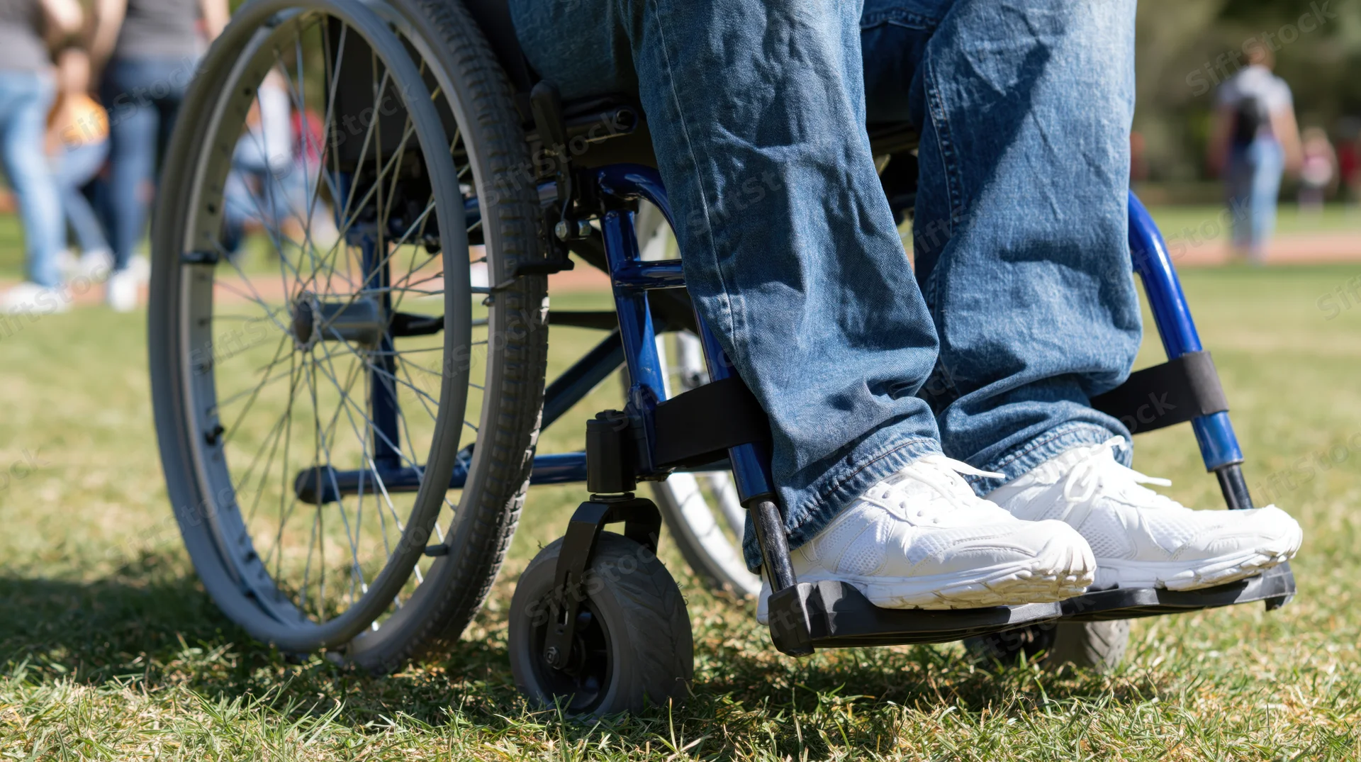 Person in wheelchair on grass in park, legs in jeans and white sneakers, close-up ground-level view