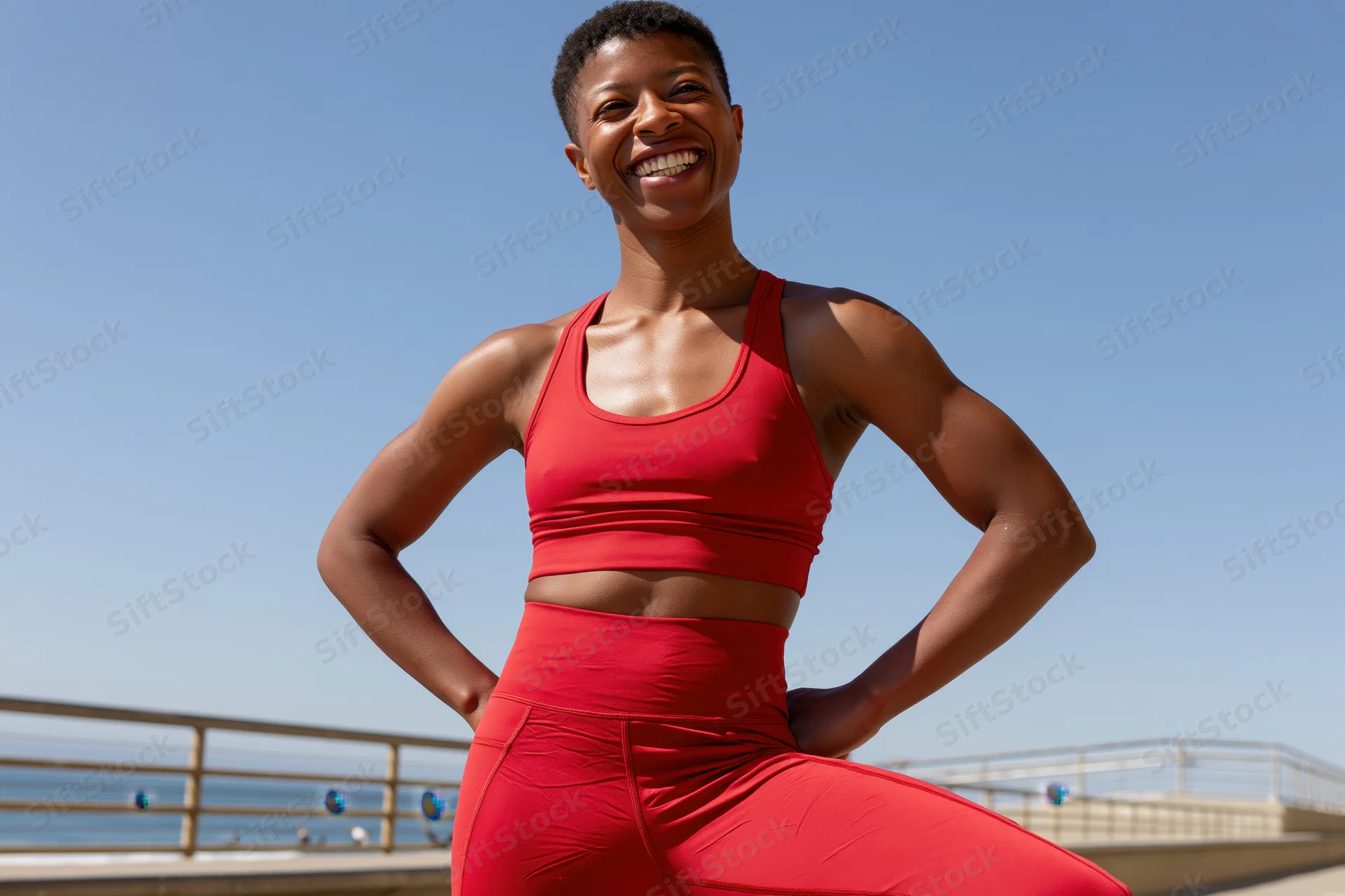 Black woman in red sportswear smiling with hands on hips on a sunny pier by the ocean