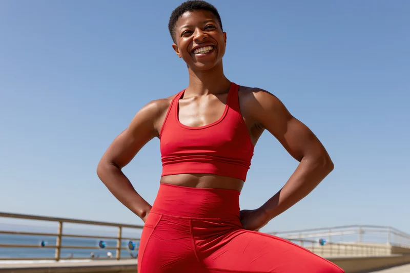 Black woman in red sportswear smiling with hands on hips on a sunny pier by the ocean