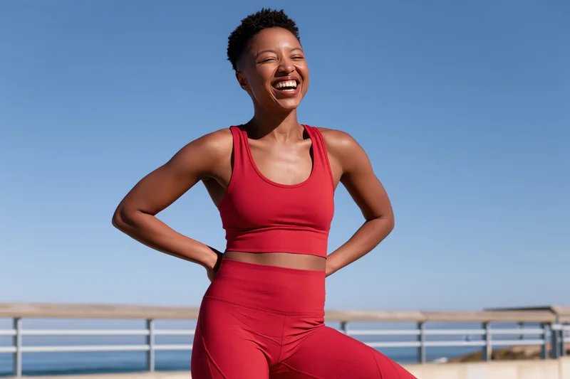 Black woman laughing with hands on hips in red sportswear outdoors by the ocean