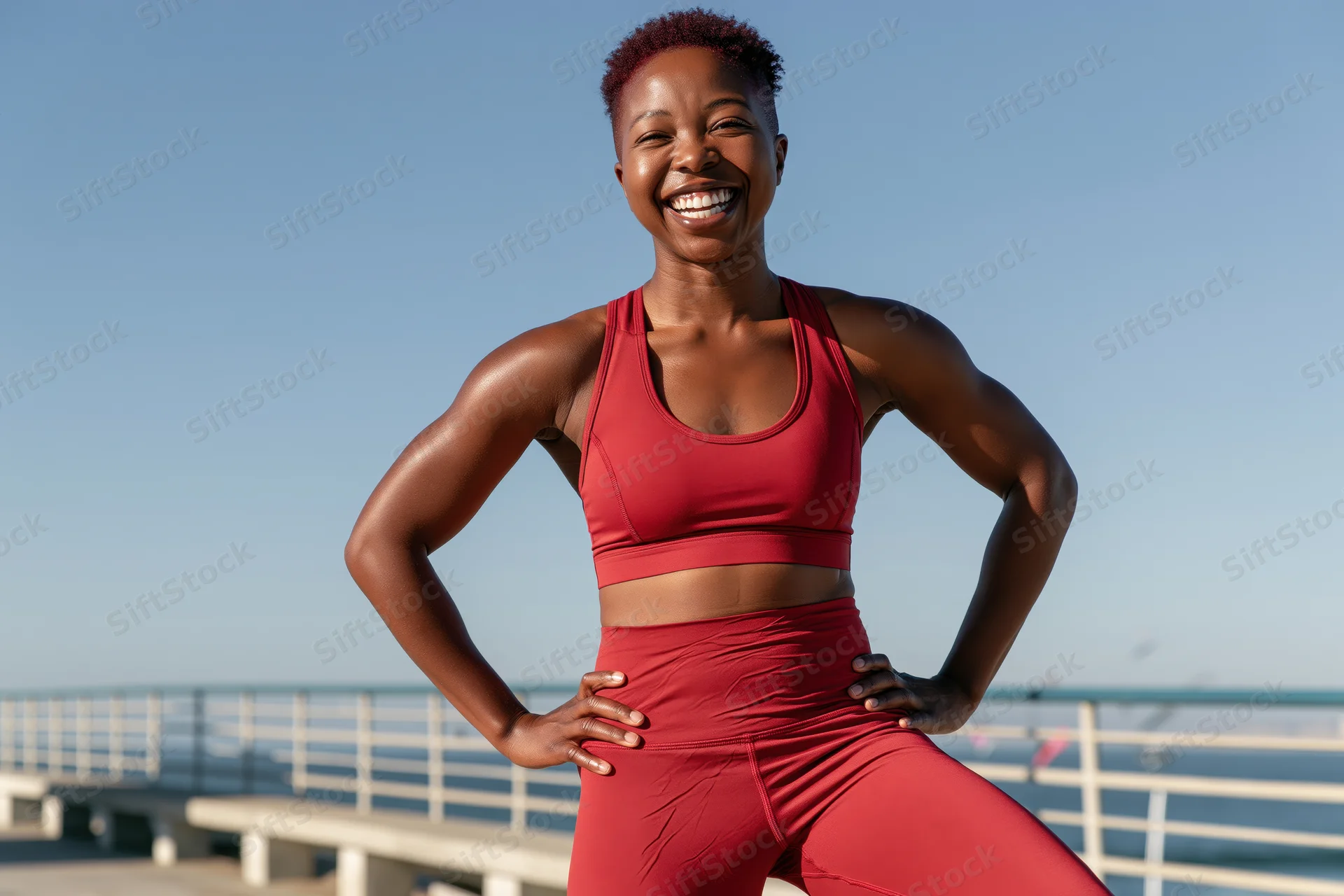 Black woman smiling with hands on hips in red activewear on a seaside pier