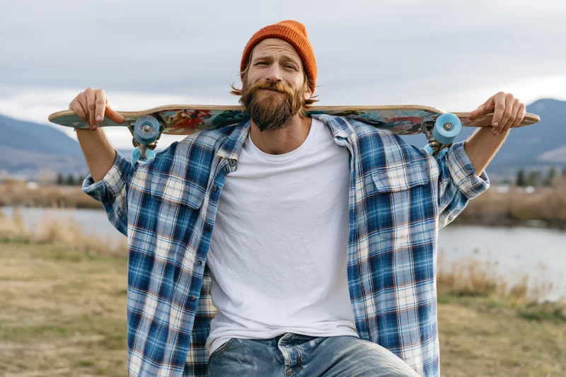 Bearded man holding skateboard on shoulder outdoors near river and mountains