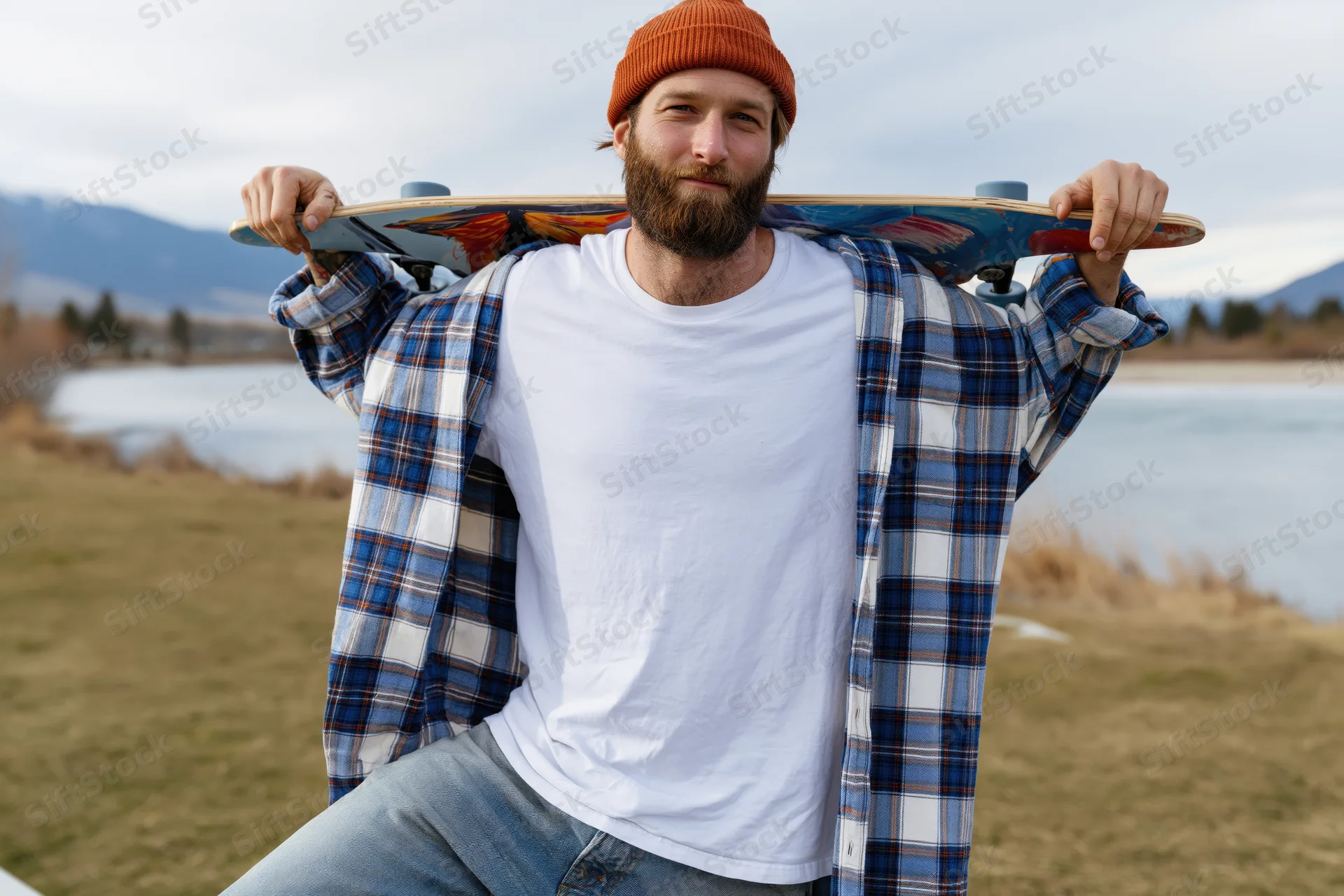 Bearded man holding skateboard over shoulder outdoors near lake and mountains