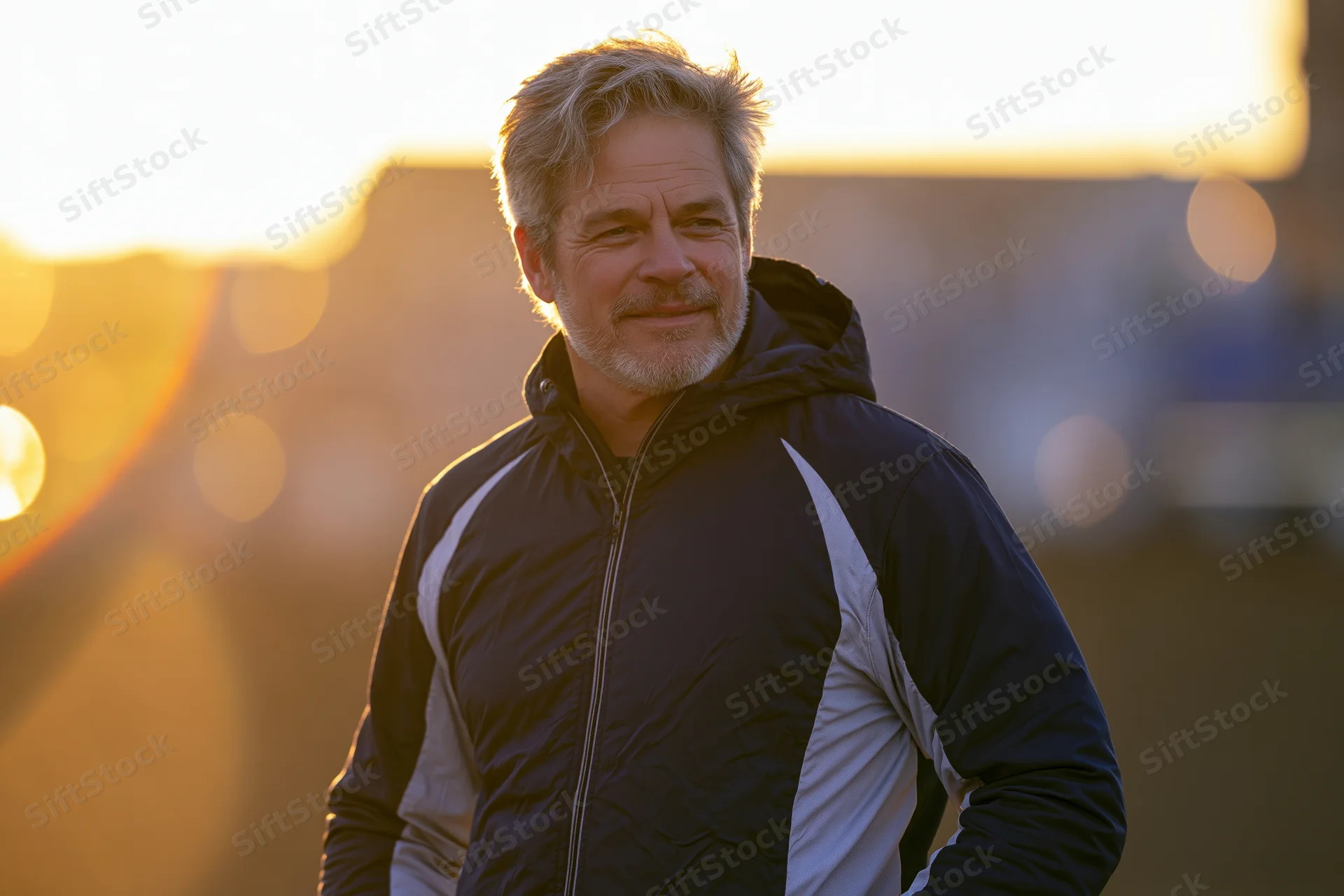 Middle-aged man smiling in a hooded jacket outdoors at sunset