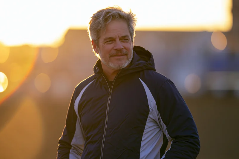 Middle-aged man smiling in a hooded jacket outdoors at sunset