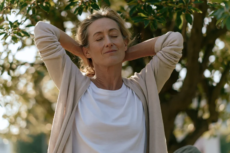 Middle-aged woman stretching neck with hands behind head outdoors in garden
