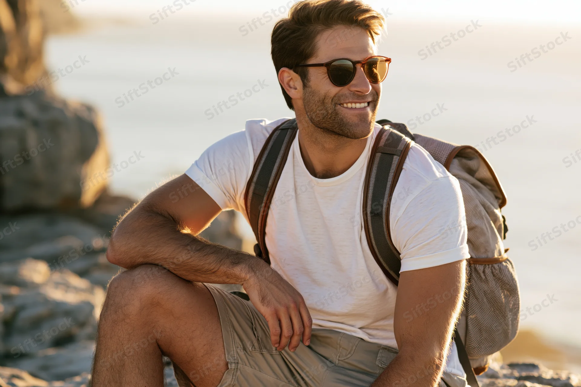 Smiling man with backpack seated on rocky beach at sunset