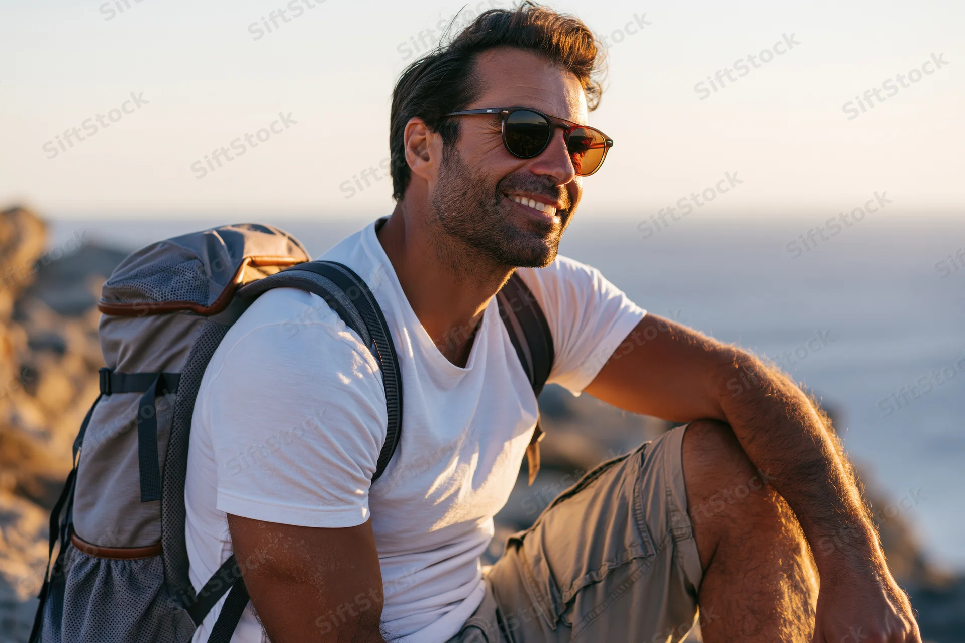 Smiling man with backpack and sunglasses seated on rocky coast overlooking ocean at sunset