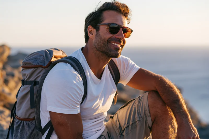 Smiling man with backpack and sunglasses seated on rocky coast overlooking ocean at sunset