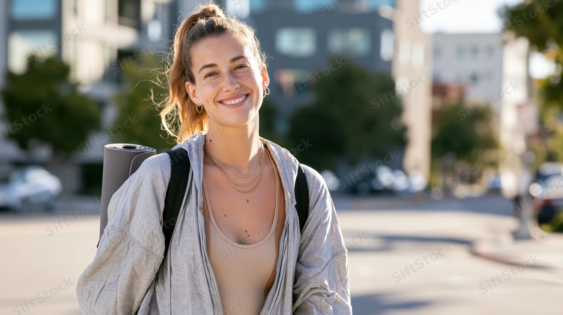 Young woman smiling outdoors with yoga mat on backpack in urban setting