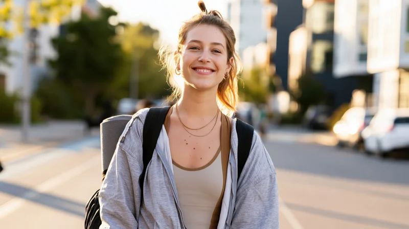 Young woman smiling with backpack on city sidewalk during golden hour