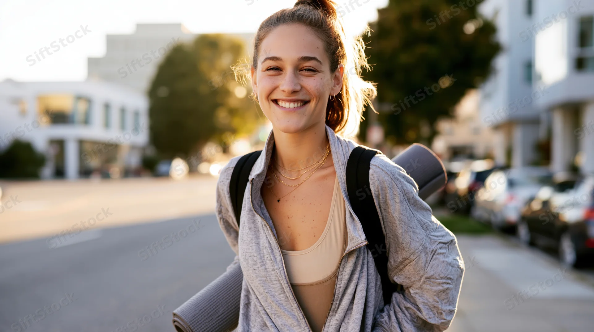 Young woman smiling outdoors on a city street carrying a yoga mat and backpack