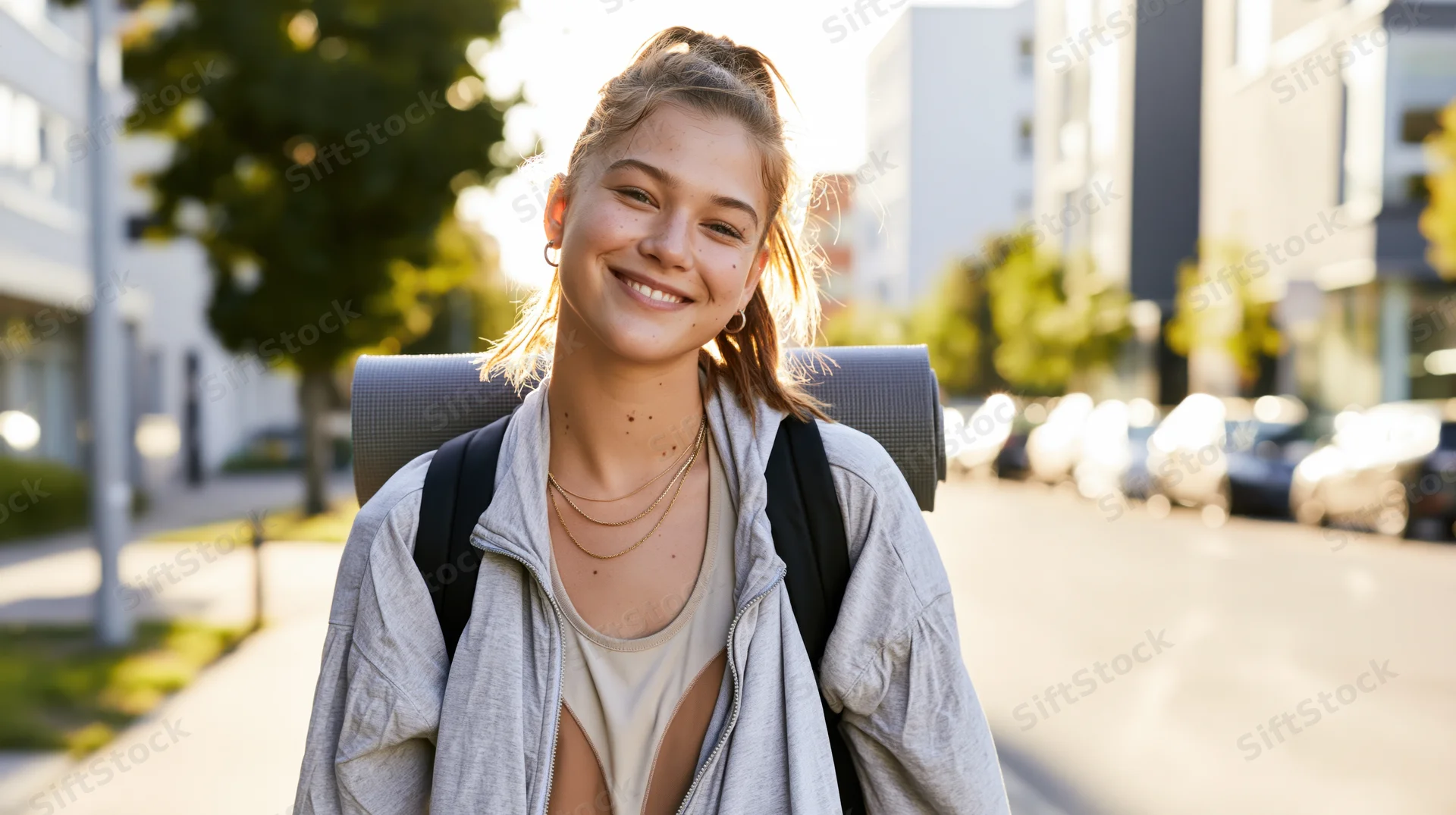 Smiling young woman with backpack walking on campus sidewalk
