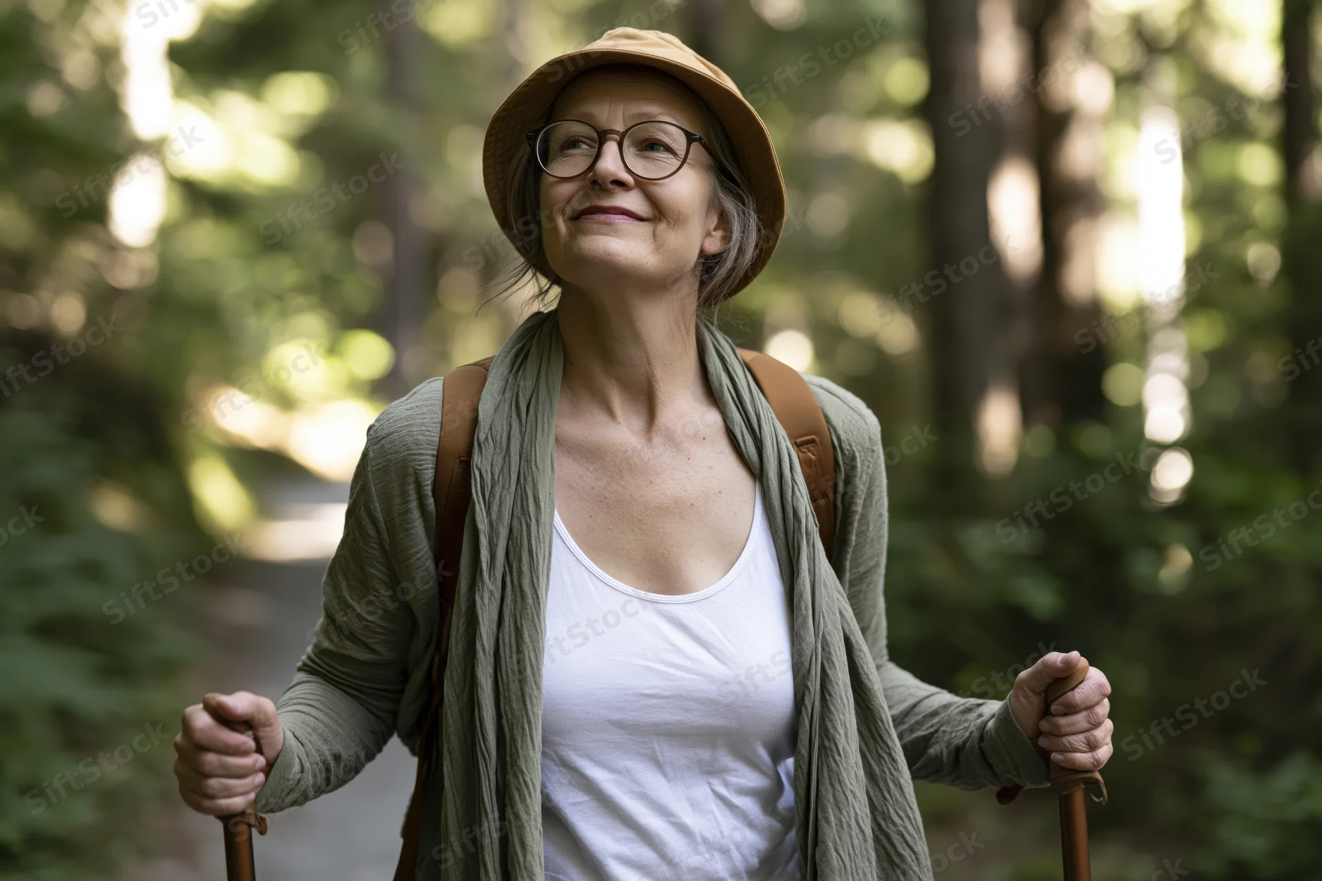 Senior woman hiking with trekking poles on a forest path, smiling and looking upward through trees