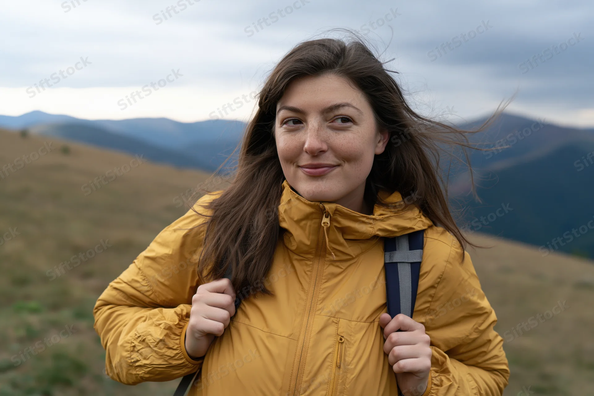 Young woman smiling while hiking in the mountains, holding backpack straps, windblown hair, cloudy sky