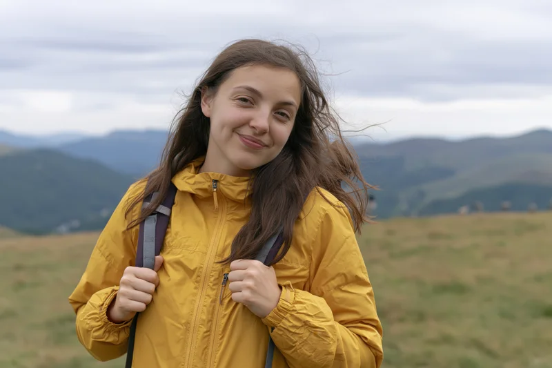 Young woman smiling while hiking in a mountain field with backpack and yellow jacket