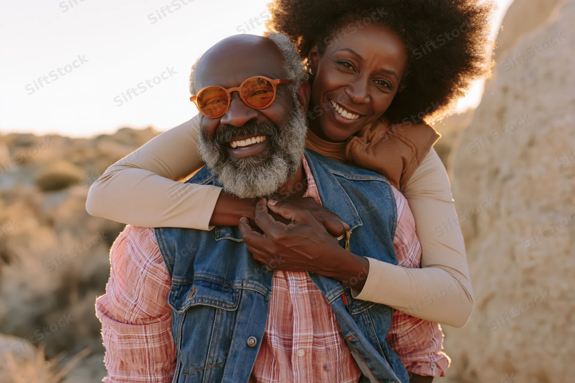 Senior black couple hugging outdoors in desert landscape at golden hour
