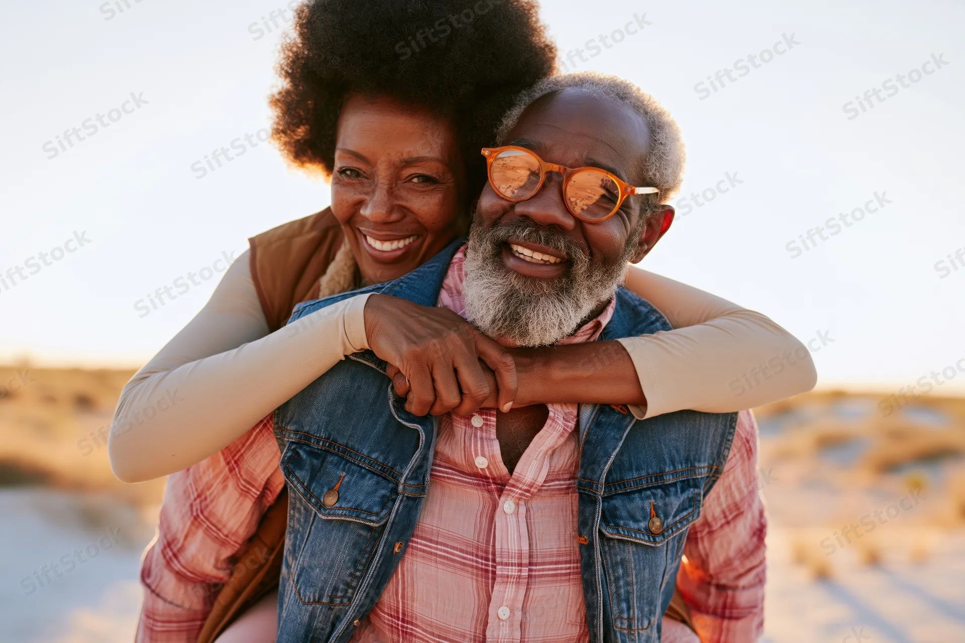 Senior african couple embracing outdoors on a sandy beach at sunset